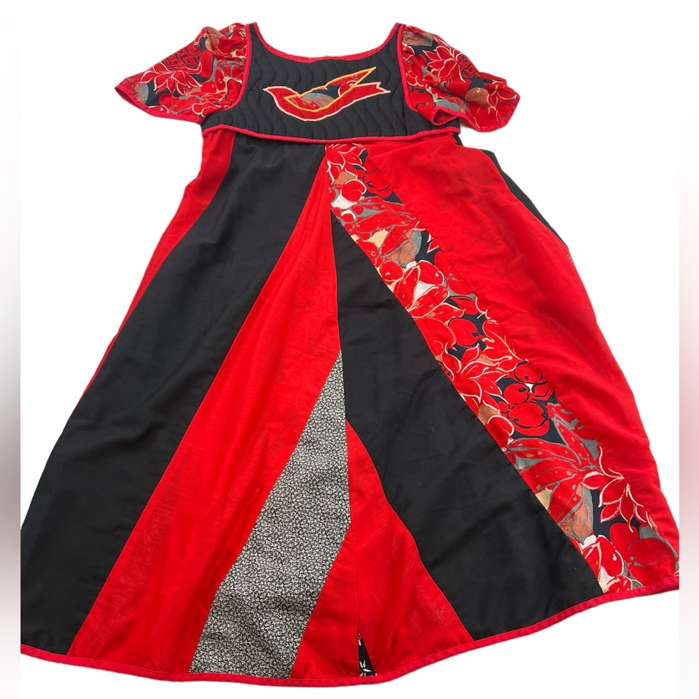 1980s vintage Jeanne Marc women’s red black asymmetrical dress M L L77-19